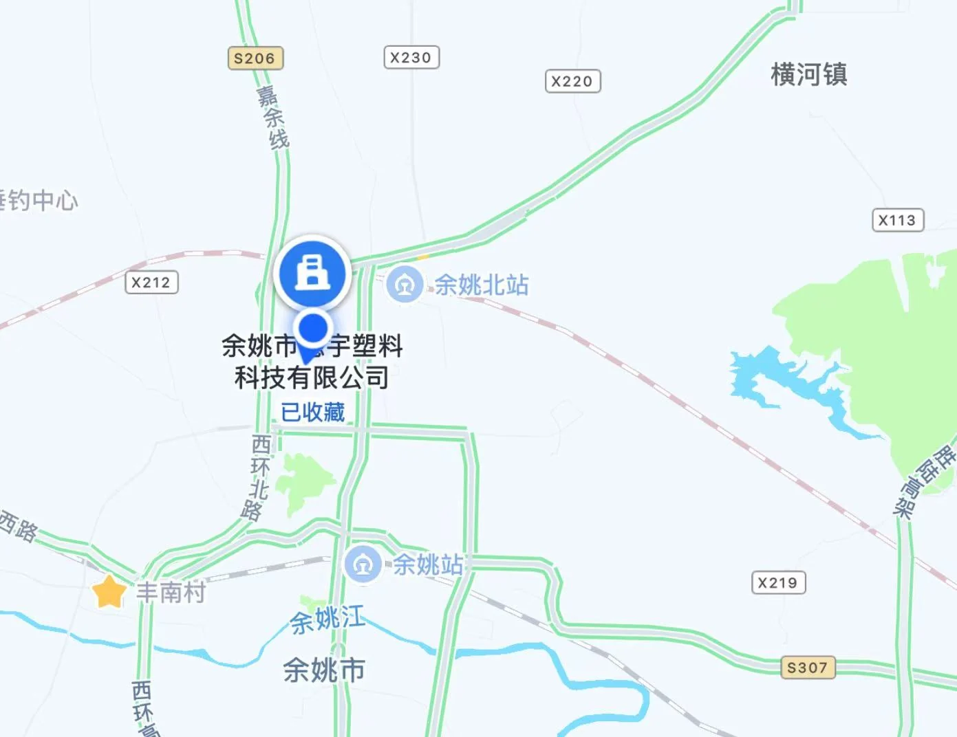 地图截图显示中国浙江省宁波市余姚市余姚北站附近的余姚德宇塑料科技有限公司