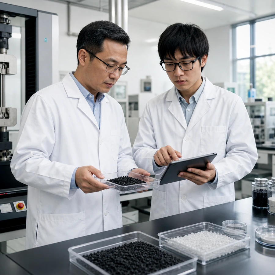 DEYU 聚合物 R&D 穿着实验室外套的专家在测试实验室审查改性塑料颗粒样品