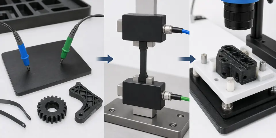 导电塑料测试工作流程，包括表面电阻、体积电阻、成型零件检查和树脂样品