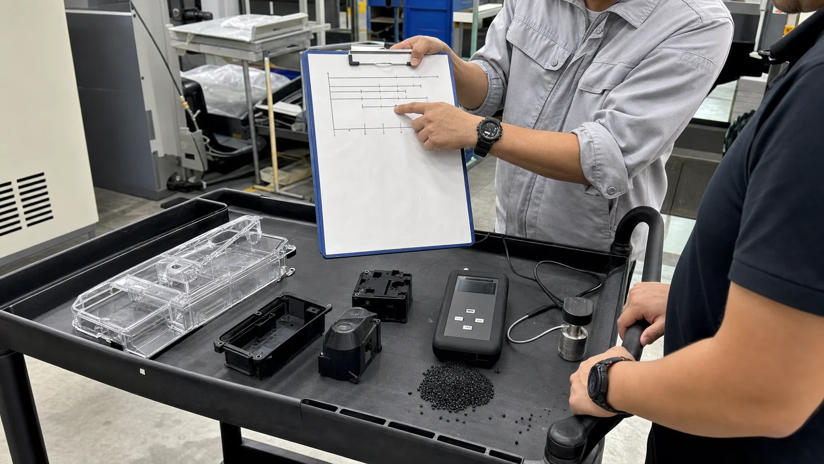 工程师使用透明ABS样品、导电成型件和表面电阻计比较抗静电技术路线