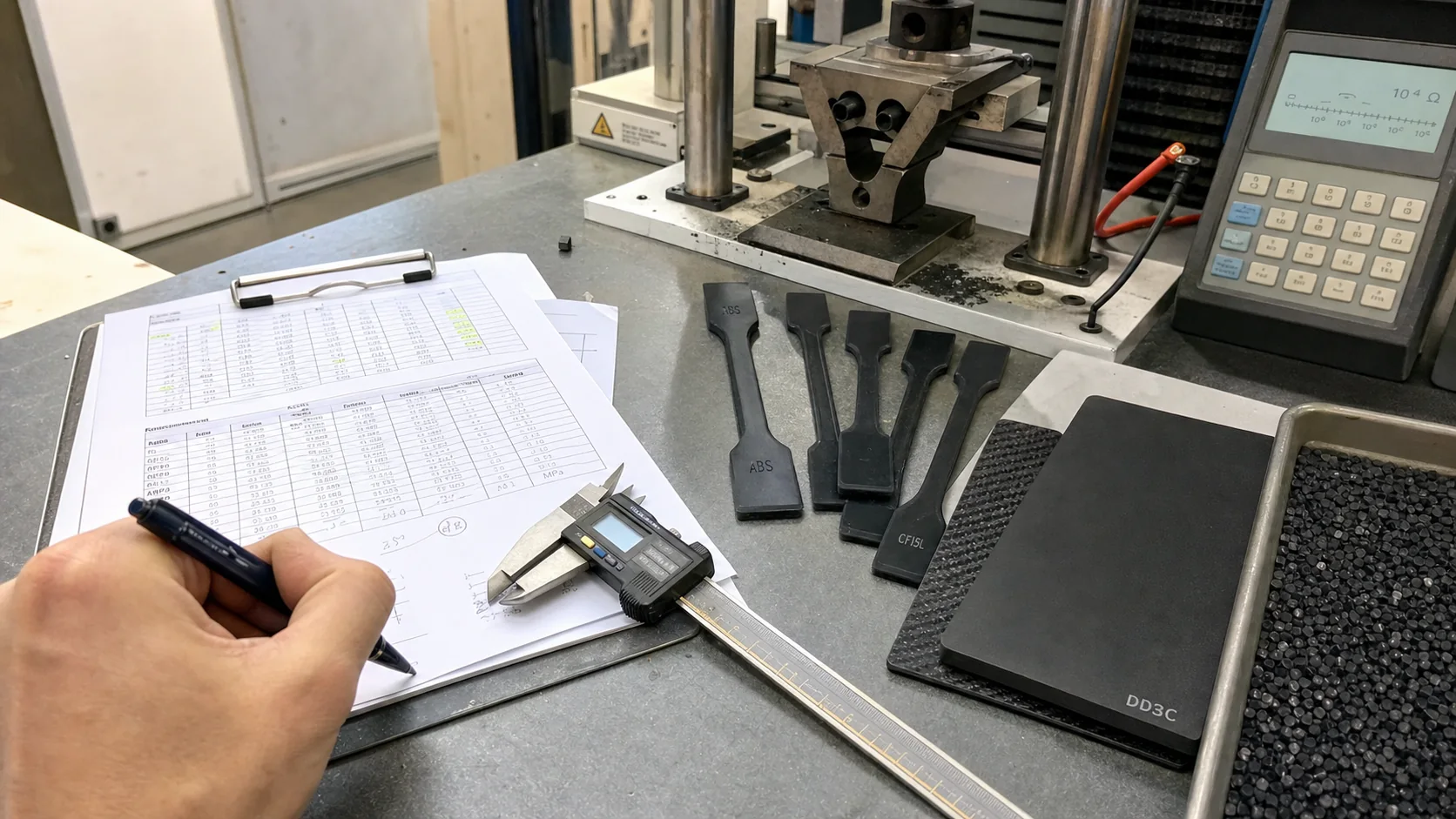 在选择 DD3C 或 CF15L 之前,用于比较表面电阻、成型样品几何形状和机械数据的验证视图。