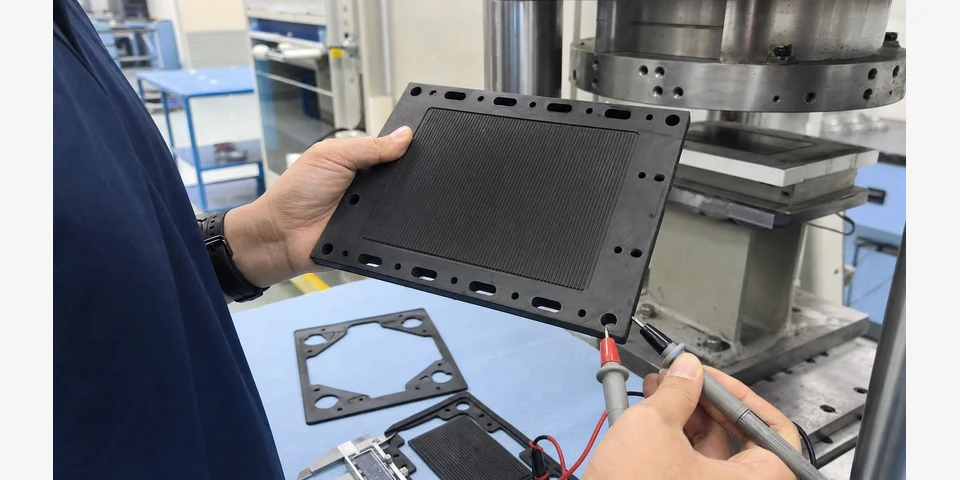 在工业 R&D 区域中使用卡尺、电阻探针和压缩夹具进行高导电性 PP 双极板验证