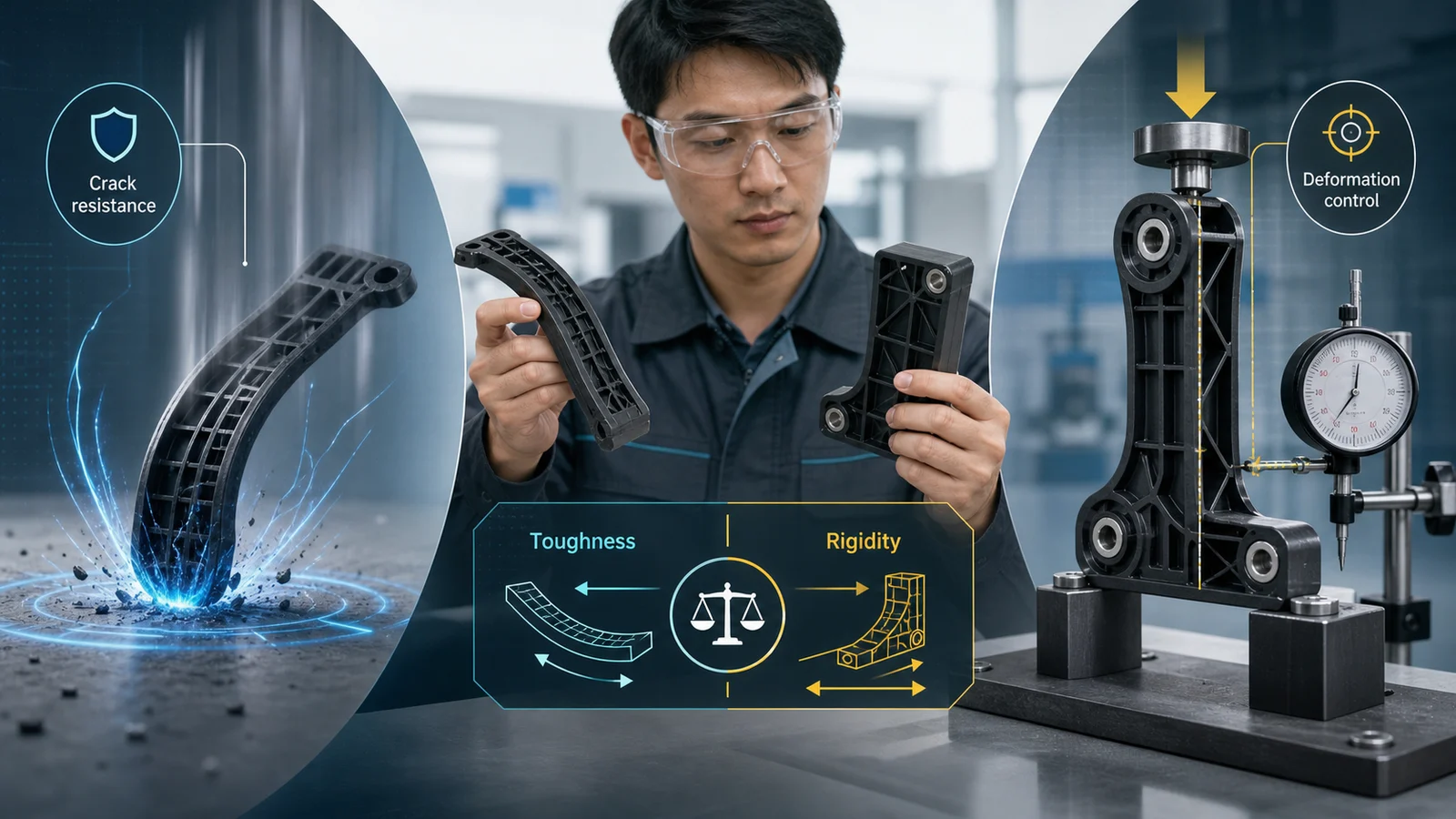高韧性塑料冲击吸收与高刚性塑料载荷和变形控制比较的技术封面