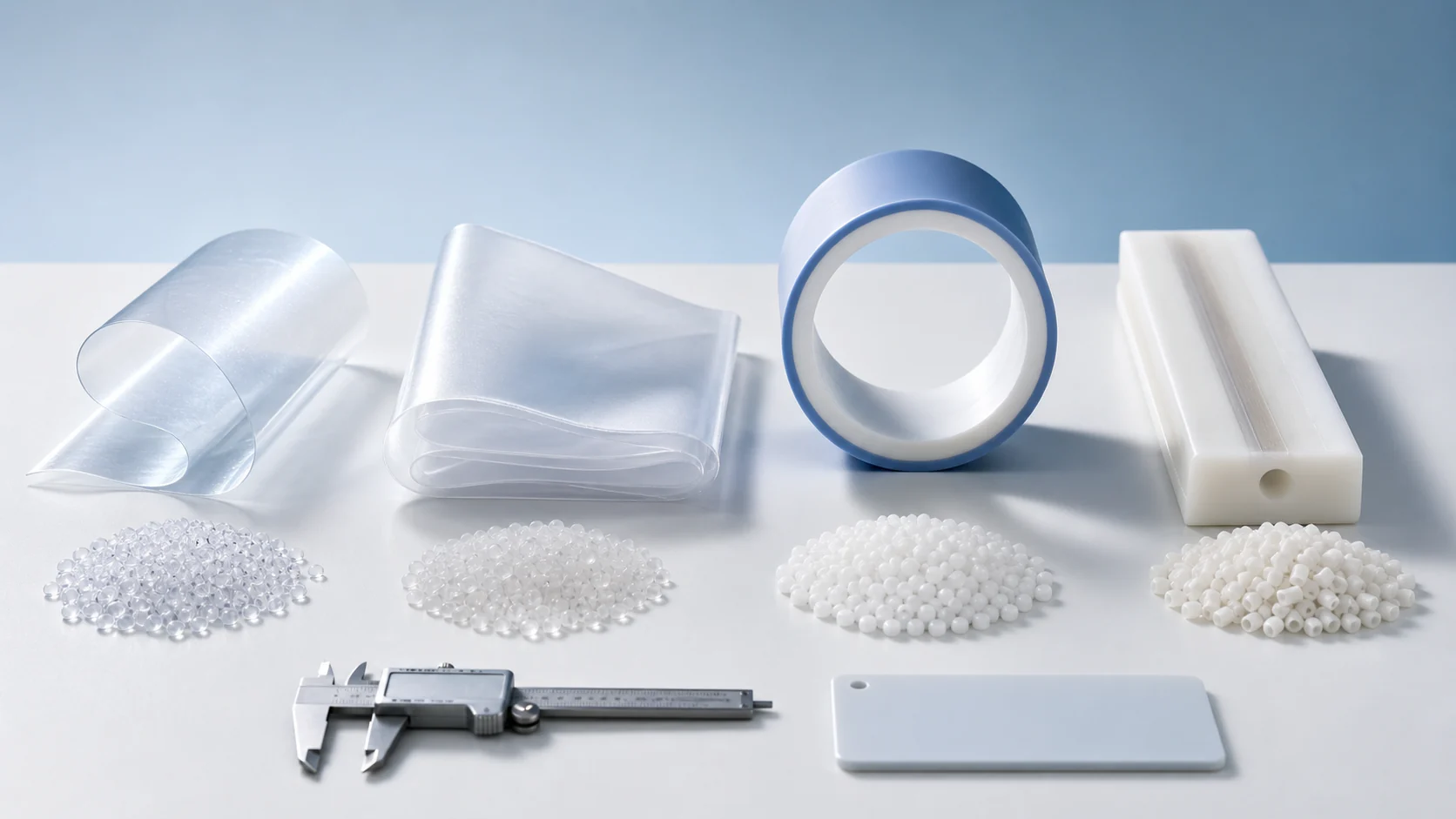 最小聚乙烯材料谱显示 LLDPE 薄膜 LDPE 片材 HDPE 管道横截面 UHMWPE 滑动条和整齐的 PE 颗粒堆