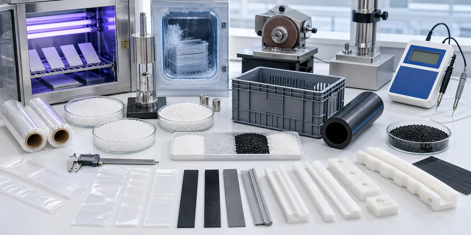 改性聚乙烯验证台，配有 PE 薄膜、HDPE 板条箱、管道样品、UHMWPE 耐磨条、导电 PE 颗粒和测试工具