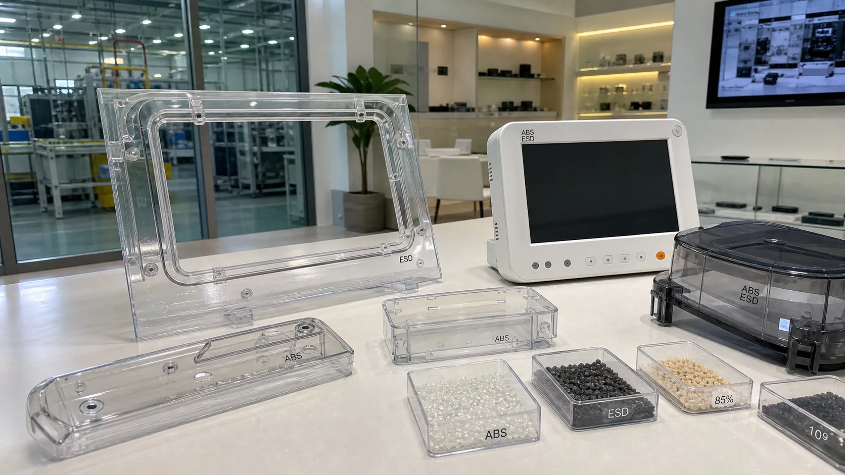 透明抗静电ABS应用样品在真实工厂展厅展示,无需手持电阻测试设备