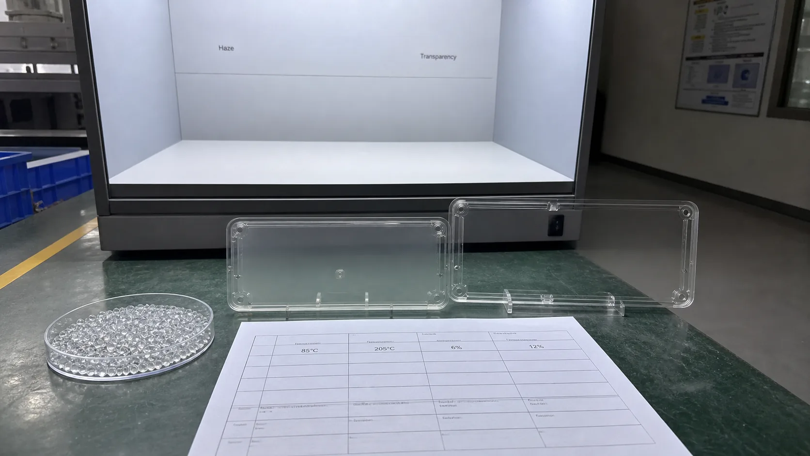 透明抗静电ABS工艺调整期间的雾度和透明度比较。