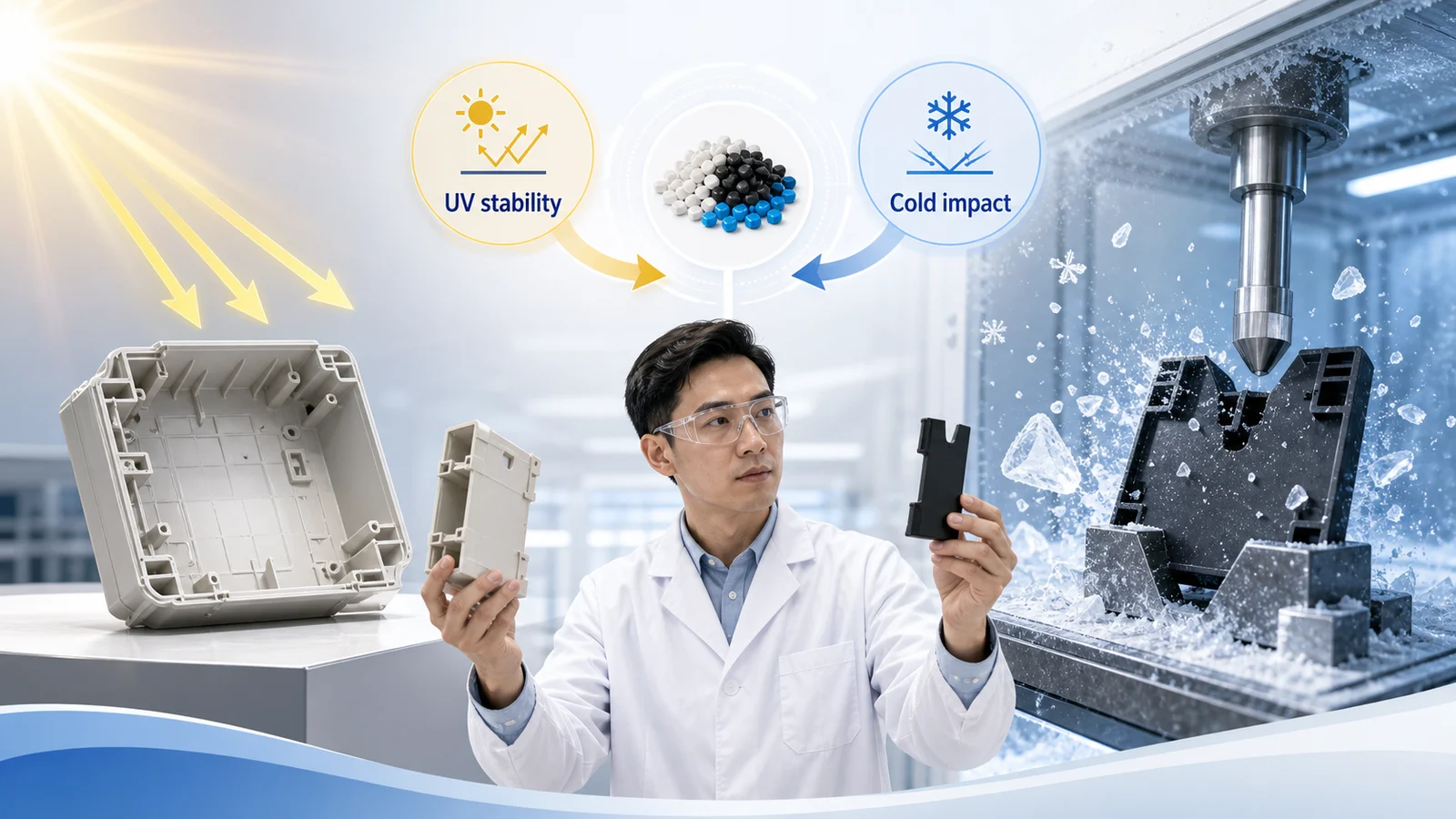 工程师比较户外耐低温塑料改性材料的 UV 稳定性和冷冲击性能